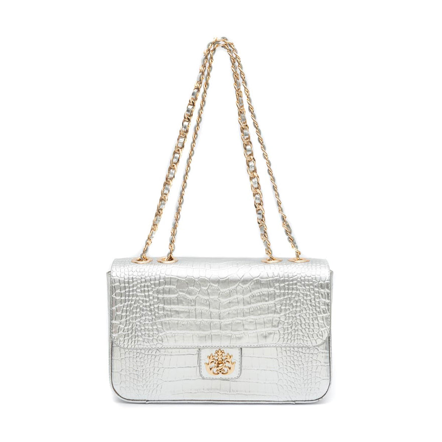 BOLSA BAGUETE ANNE JUMBO COURO NEW CROCO PRATA OURO
