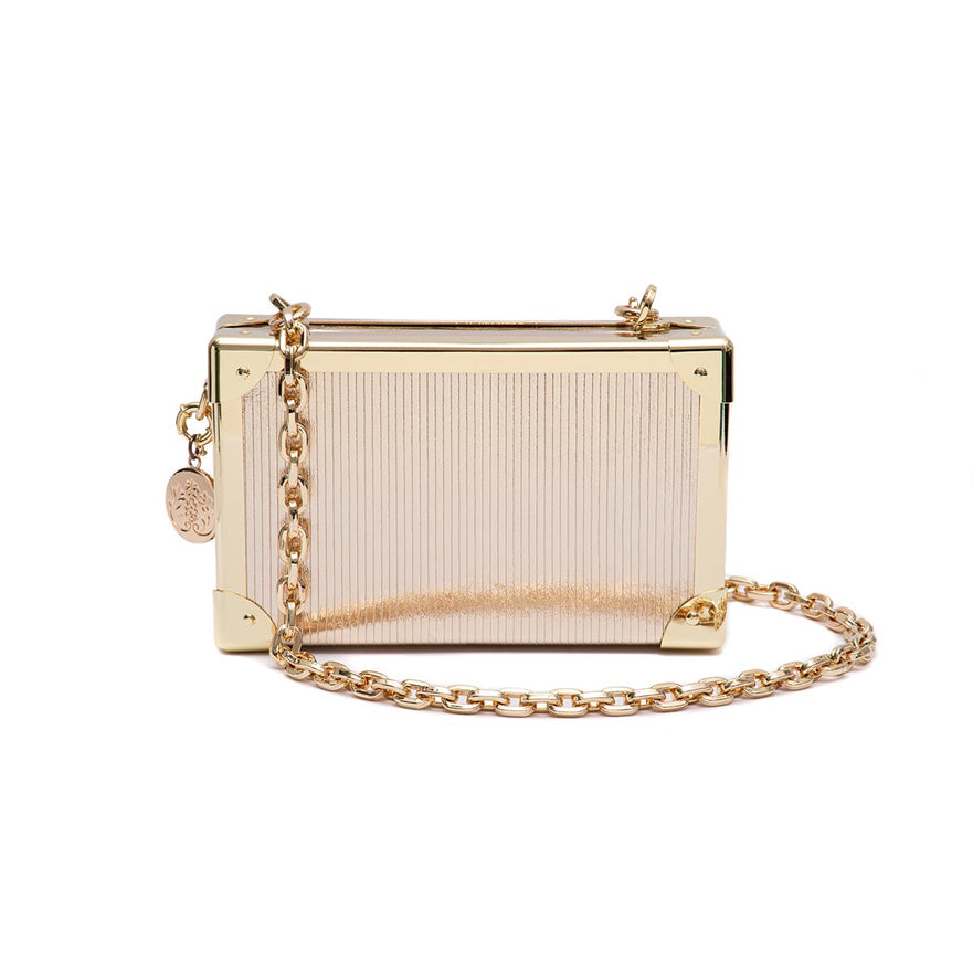 BOLSA CLUTCH TRUNK PEQUENA COURO METALIZADO OURO