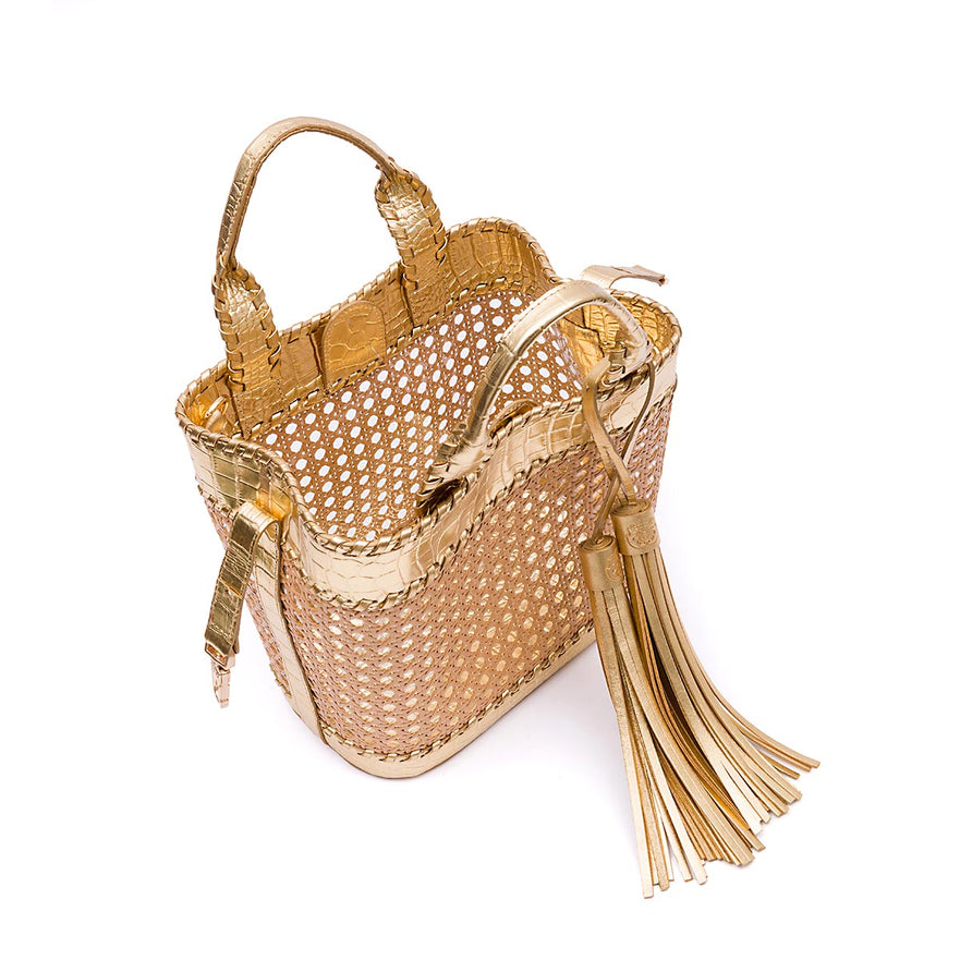 BOLSA TOTE PALHA SEXTAVADA MÉDIA COURO OURO