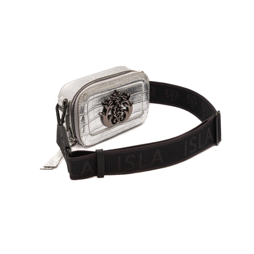 MINI BOLSA DANCE ALÇA ESPORTIVA COURO NEW CROCO PRATA ONIX