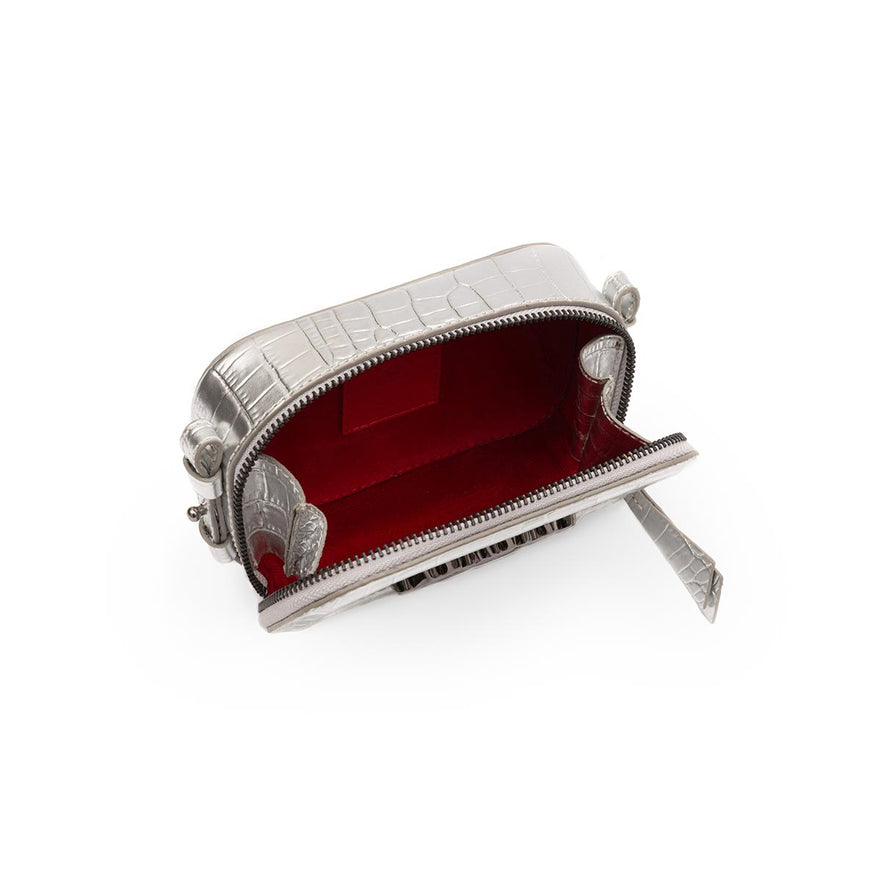 MINI BOLSA DANCE ALÇA ESPORTIVA COURO NEW CROCO PRATA ONIX