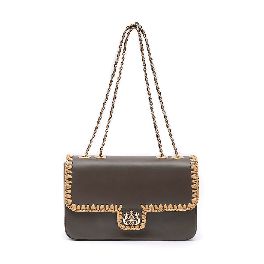 BOLSA ANNE JUMBO GRANDE COURO WASHED OLIVA CROCHÊ NATURAL