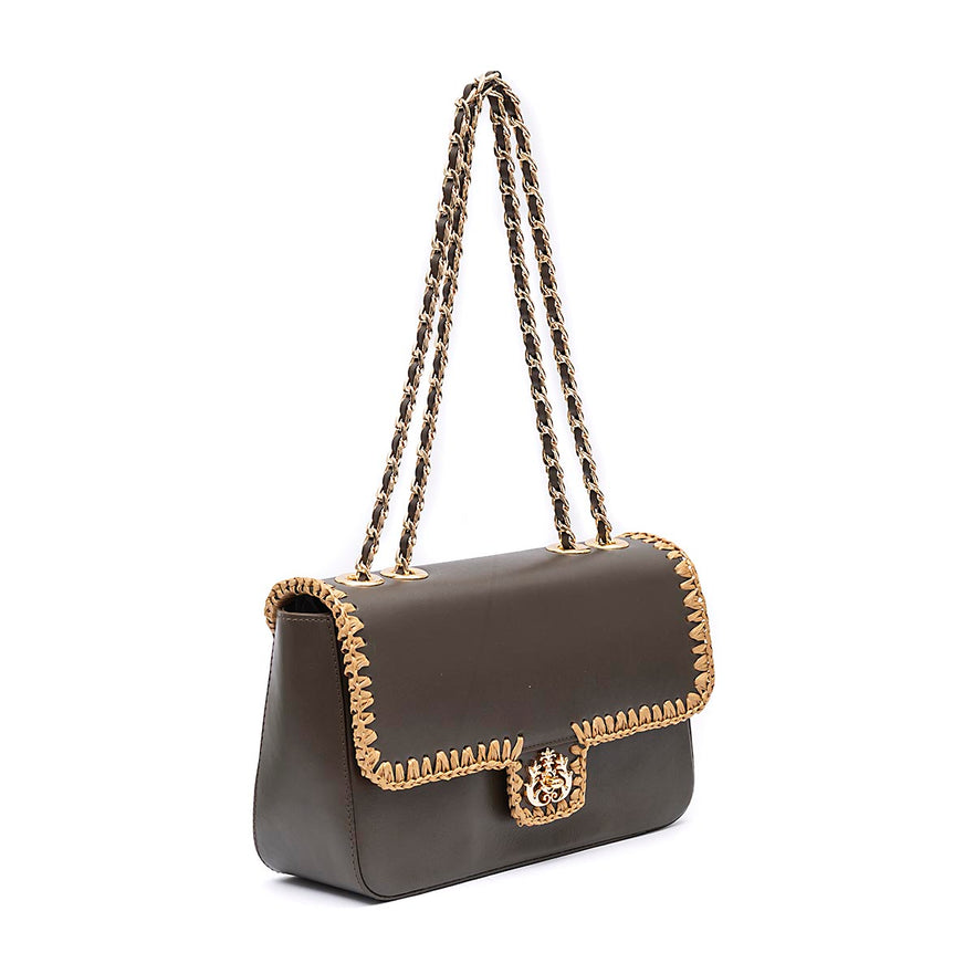 BOLSA ANNE JUMBO GRANDE COURO WASHED OLIVA CROCHÊ NATURAL