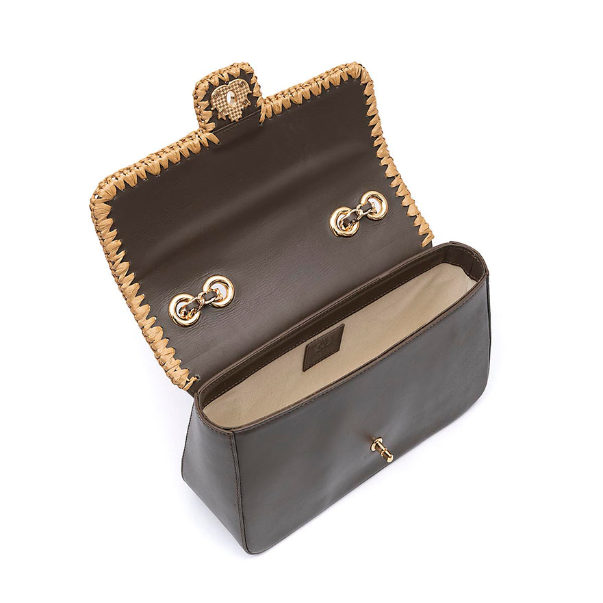 BOLSA ANNE JUMBO GRANDE COURO WASHED OLIVA CROCHÊ NATURAL