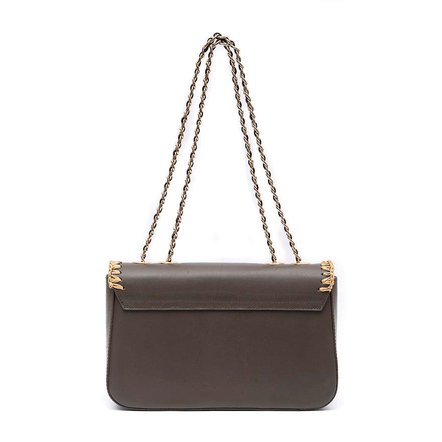 BOLSA ANNE JUMBO GRANDE COURO WASHED OLIVA CROCHÊ NATURAL