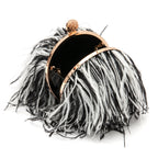 BOLSA CLUTCH PEQUENA LILY EM PLUMAS PRETO E BRANCO