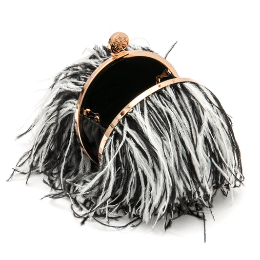 BOLSA CLUTCH PEQUENA LILY EM PLUMAS PRETO E BRANCO