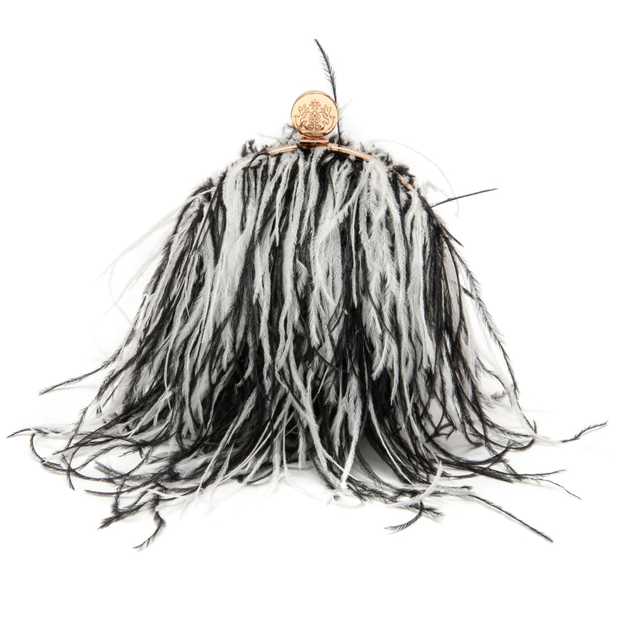 BOLSA CLUTCH PEQUENA LILY EM PLUMAS PRETO E BRANCO