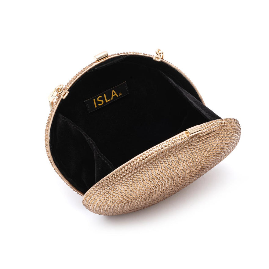 BOLSA CLUTCH MEDIA ABAULADA EM  CRISTAIS OURO