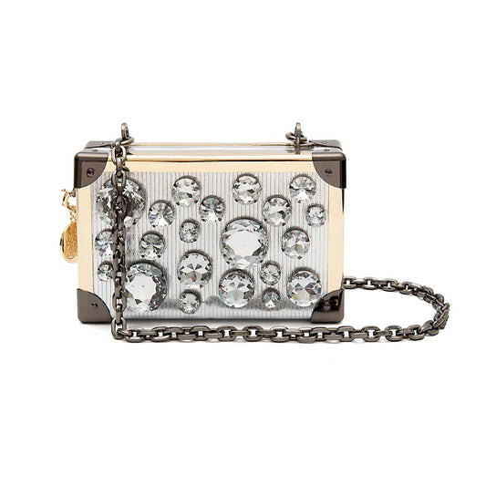 BOLSA CLUTCH TRUNK PEQUENA  METALIZADO COM CRISTAIS PRATA