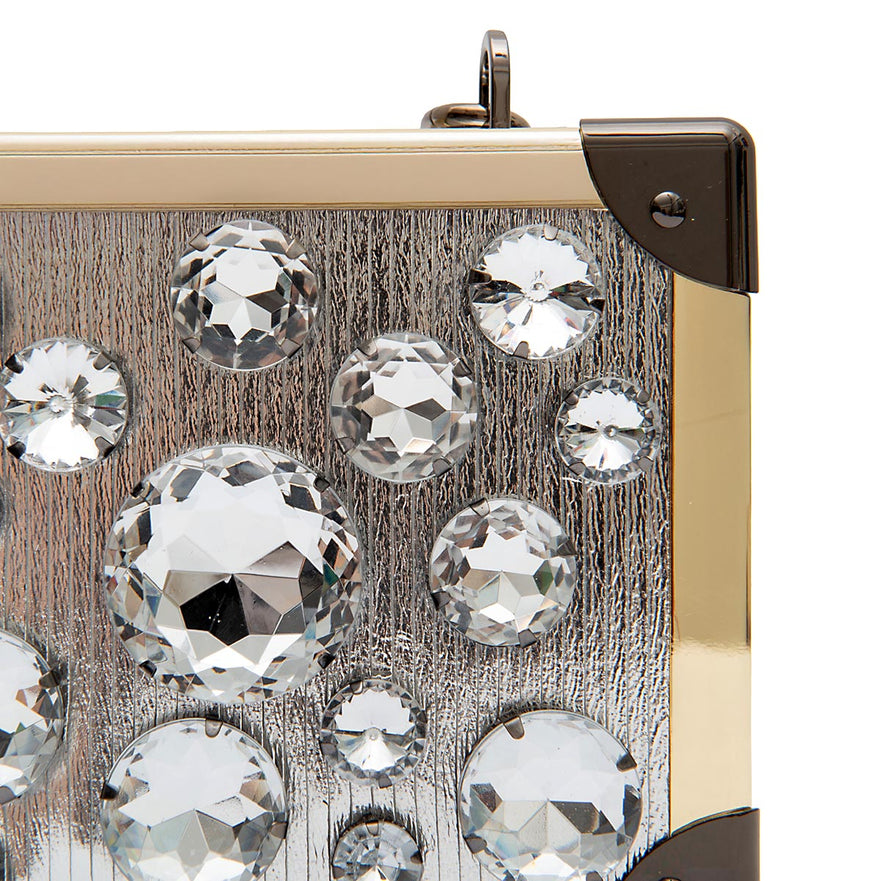 BOLSA CLUTCH TRUNK PEQUENA  METALIZADO COM CRISTAIS PRATA