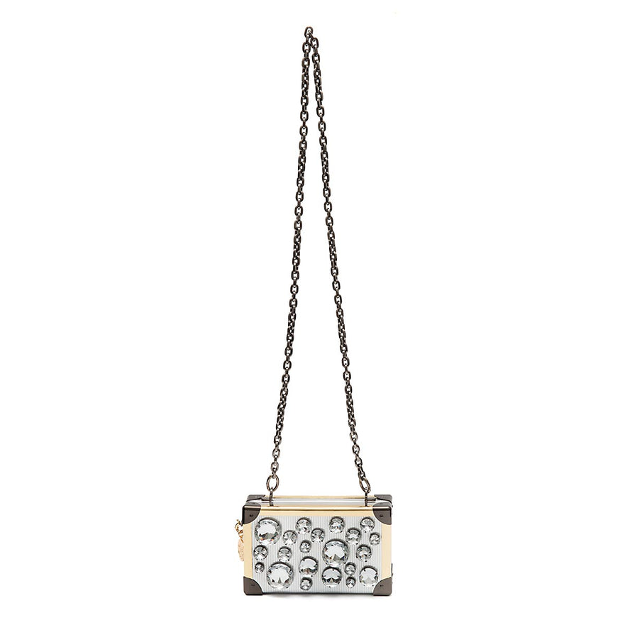 BOLSA CLUTCH TRUNK PEQUENA  METALIZADO COM CRISTAIS PRATA