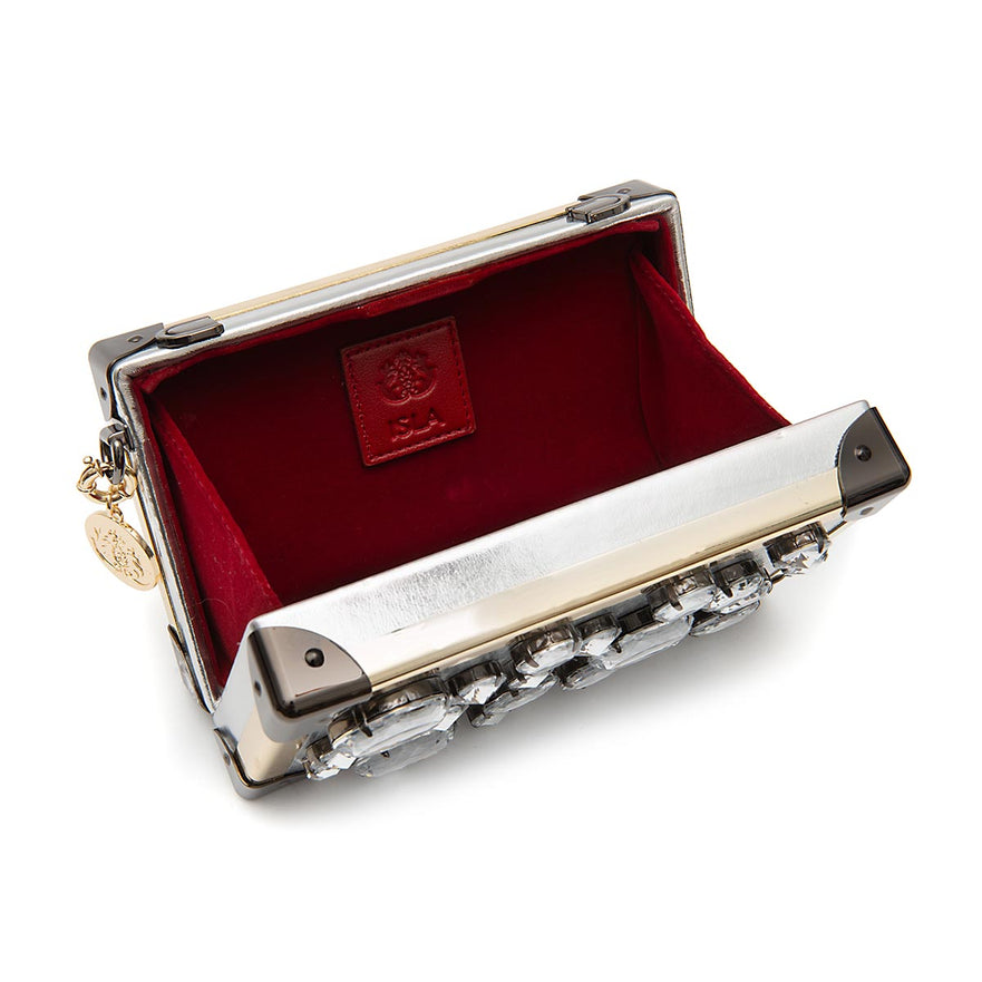 BOLSA CLUTCH TRUNK PEQUENA  METALIZADO COM CRISTAIS PRATA