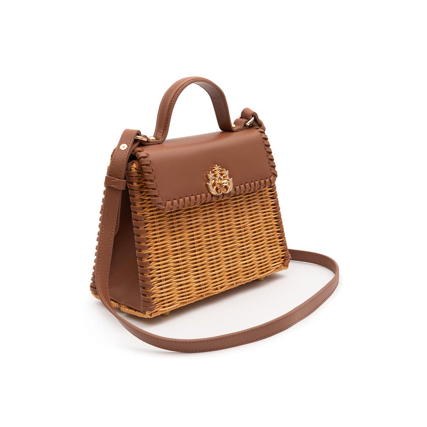 BOLSA SELENE TOP HANDLE MÉDIA RATTAN  COURO CARAMELO
