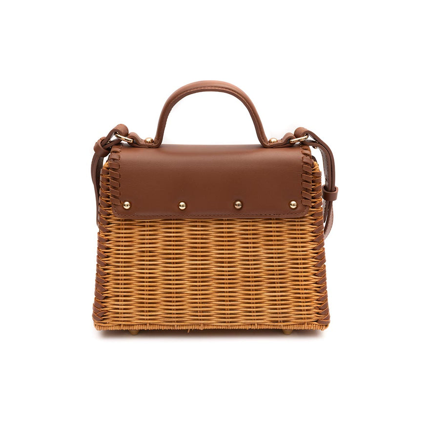 BOLSA SELENE TOP HANDLE MÉDIA RATTAN  COURO CARAMELO