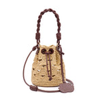 BOLSA BUCKET PEQUENA CROCHÊ MONOGRAMA SOFT PINHAO/RÁFIA CREME