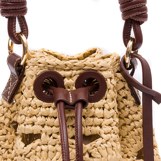 BOLSA BUCKET PEQUENA CROCHÊ MONOGRAMA SOFT PINHAO/RÁFIA CREME