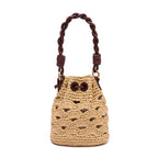 BOLSA BUCKET PEQUENA CROCHÊ MONOGRAMA SOFT PINHAO/RÁFIA CREME