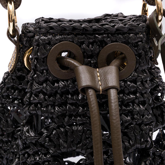 BOLSA BUCKET SOFT PEQUENA CROCHE RÁFIA PRETA