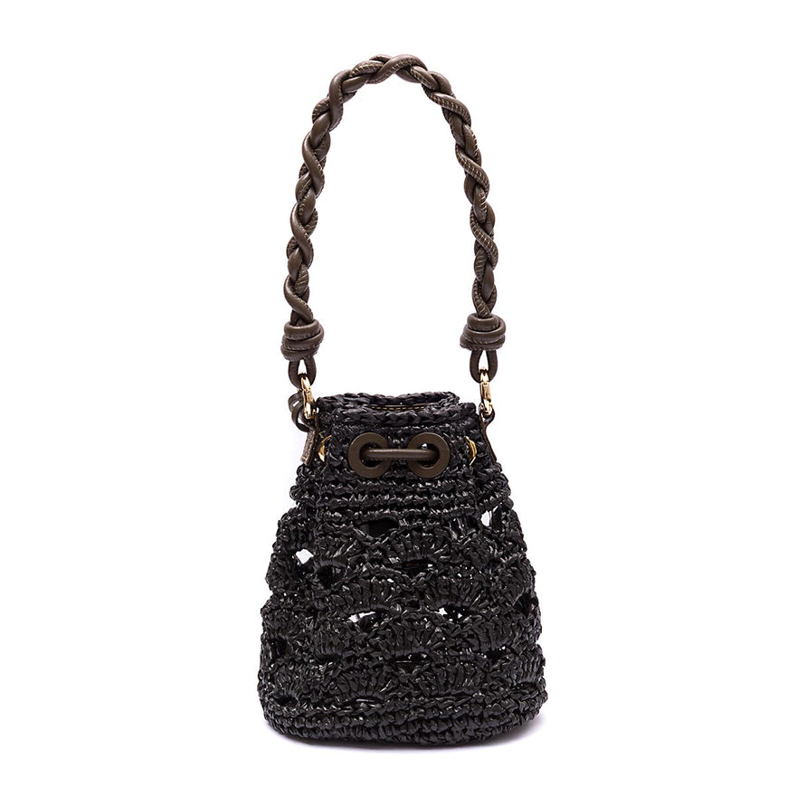 BOLSA BUCKET SOFT PEQUENA CROCHE RÁFIA PRETA