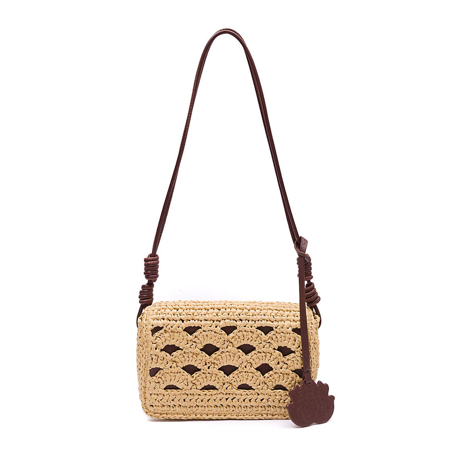 BOLSA FLAP CROCHÊ PEQUENA  MONOGRAMA SOFT RAFIA CREME