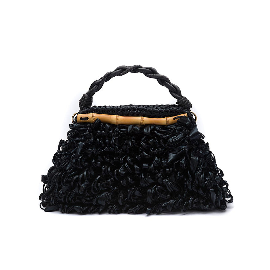BOLSA POUCH  MEDIA FRANJA DE RÁFIA PRETO