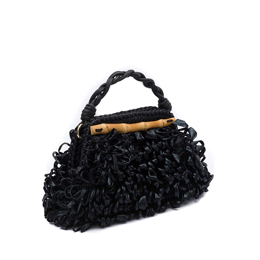 BOLSA POUCH  MEDIA FRANJA DE RÁFIA PRETO