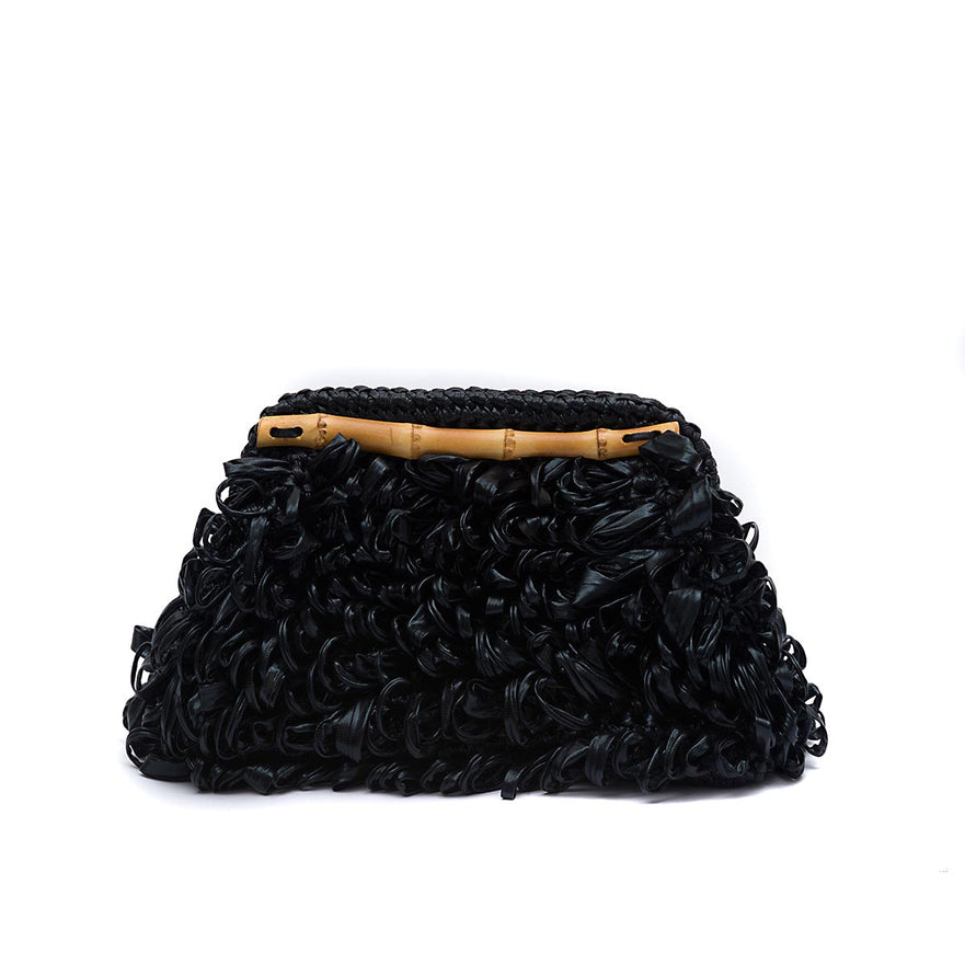 BOLSA POUCH  MEDIA FRANJA DE RÁFIA PRETO