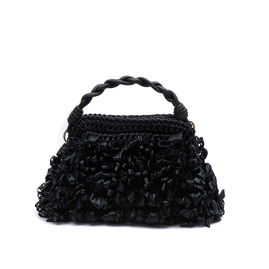 BOLSA POUCH  MEDIA FRANJA DE RÁFIA PRETO