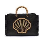 BOLSA TOTE  GRANDE EM PALHA NATURAL  PRETA CONCHA