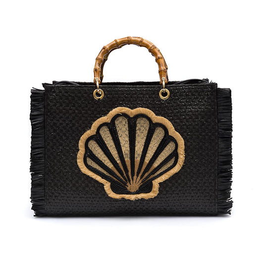 BOLSA TOTE  GRANDE EM PALHA NATURAL  PRETA CONCHA