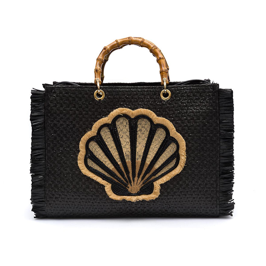 BOLSA TOTE  GRANDE EM PALHA NATURAL  PRETA CONCHA