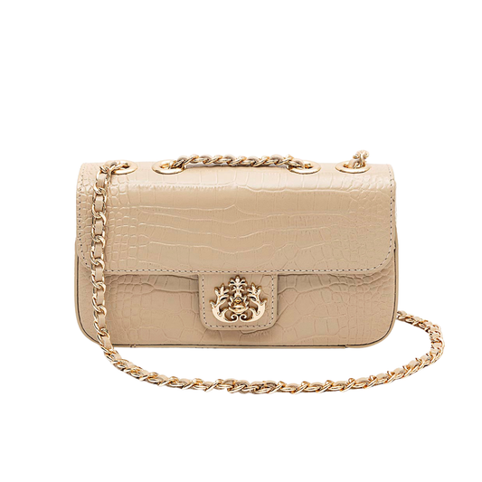 BOLSA BAGUETE ANNE PEQUENA COURO NEW CROCO NATA OURO