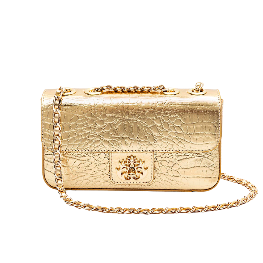 BOLSA BAGUETE ANNE PEQUENA COURO NEW CROCO GOLD