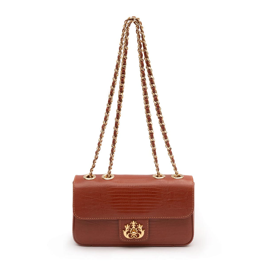 BOLSA BAGUETE ANNE PEQUENA COURO LIZARD JASPE OURO