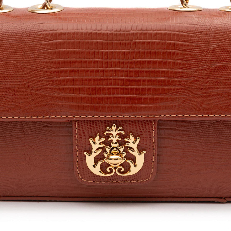 BOLSA BAGUETE ANNE PEQUENA COURO LIZARD JASPE OURO