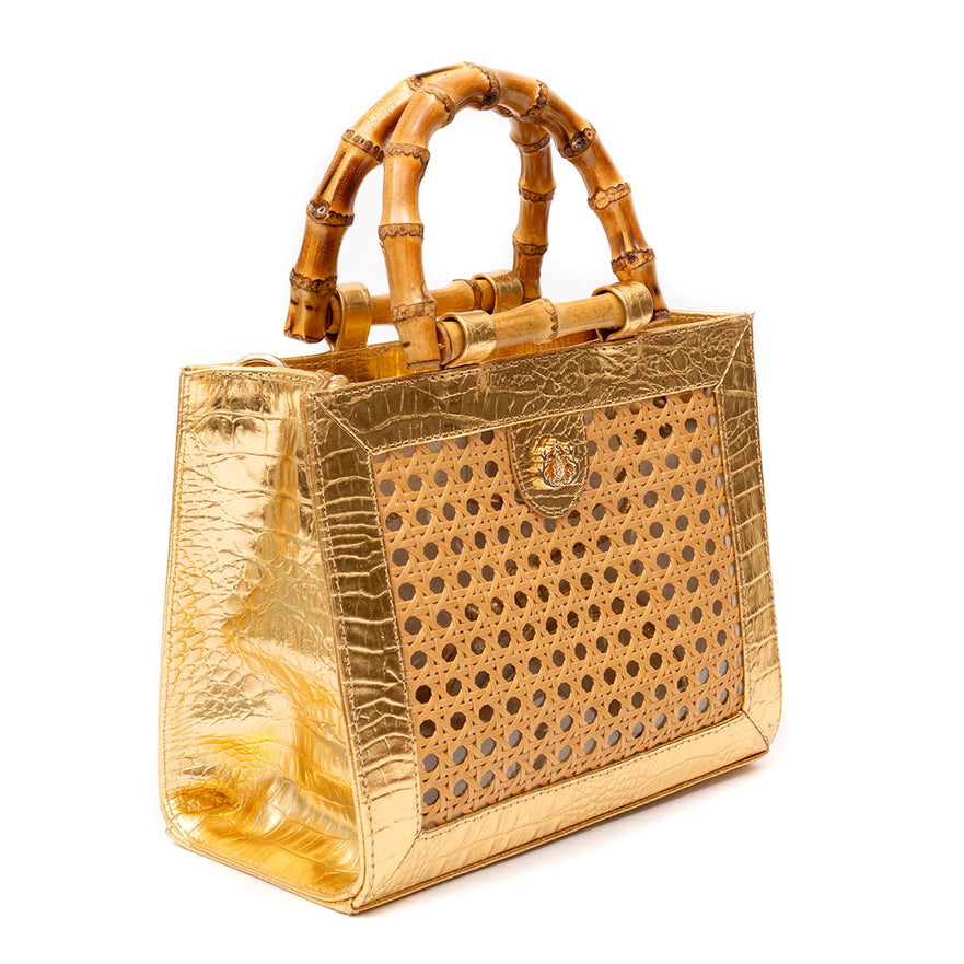 BOLSA DIANA MÉDIA EM COURO NATURAL E PALHA INDIANA NEW CROCO OURO