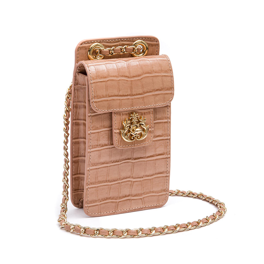 BOLSA POUCH ANNE PEQUENA COURO CAIMAN BALM