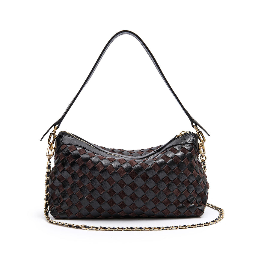BOLSA ÍSIS WOVEN SHOULDER COURO TRESSÊ PEQUENE PRETA