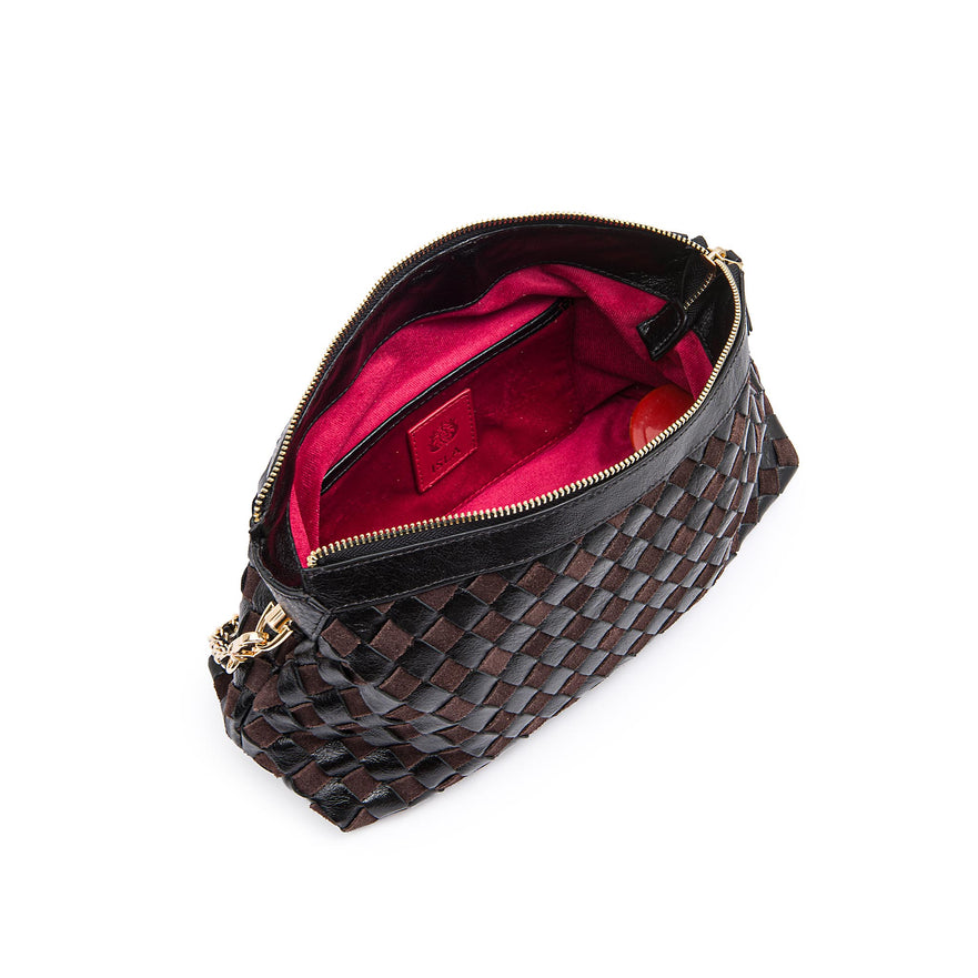 BOLSA ÍSIS WOVEN SHOULDER COURO TRESSÊ PEQUENE PRETA