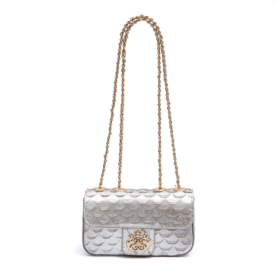 BOLSA BAGUETE ANNE MINI COURO ESCAMAS PRATA