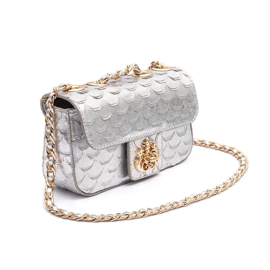 BOLSA BAGUETE ANNE MINI COURO ESCAMAS PRATA