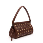 BOLSA POUCH TRESSÊ MAXI MÉDIA COURO SOFT PINHÃO PALHA DAMIER NATURAL