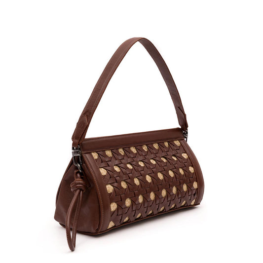 BOLSA POUCH TRESSÊ MAXI MÉDIA COURO SOFT PINHÃO PALHA DAMIER NATURAL