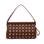 BOLSA POUCH TRESSÊ MAXI MÉDIA COURO SOFT PINHÃO PALHA DAMIER NATURAL