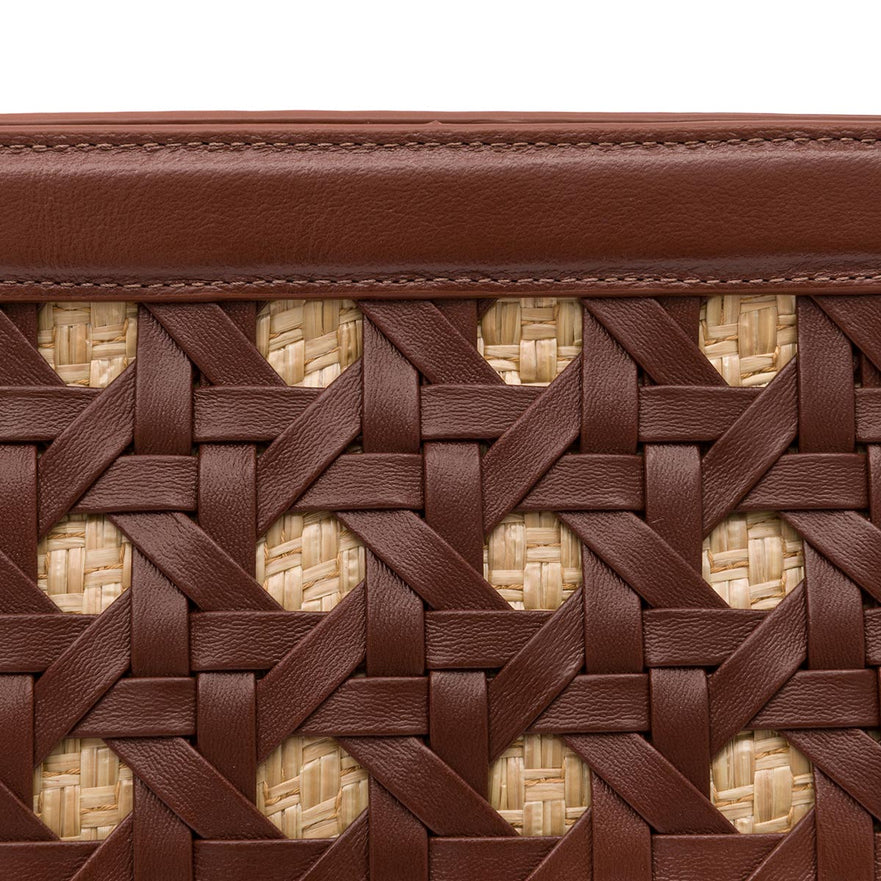 BOLSA POUCH TRESSÊ MAXI MÉDIA COURO SOFT PINHÃO PALHA DAMIER NATURAL