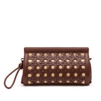 BOLSA POUCH TRESSÊ MAXI MÉDIA COURO SOFT PINHÃO PALHA DAMIER NATURAL