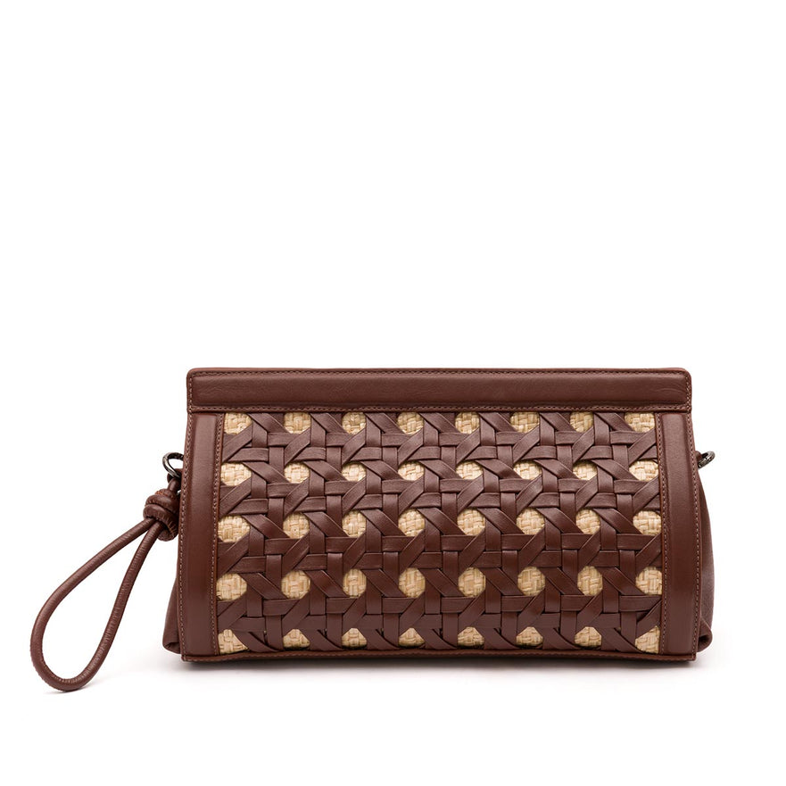 BOLSA POUCH TRESSÊ MAXI MÉDIA COURO SOFT PINHÃO PALHA DAMIER NATURAL