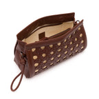 BOLSA POUCH TRESSÊ MAXI MÉDIA COURO SOFT PINHÃO PALHA DAMIER NATURAL