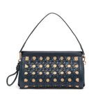 BOLSA POUCH TRESSÊ MAXI MÉDIA COURO SOFT NOITE PALHA DAMIER NATURAL